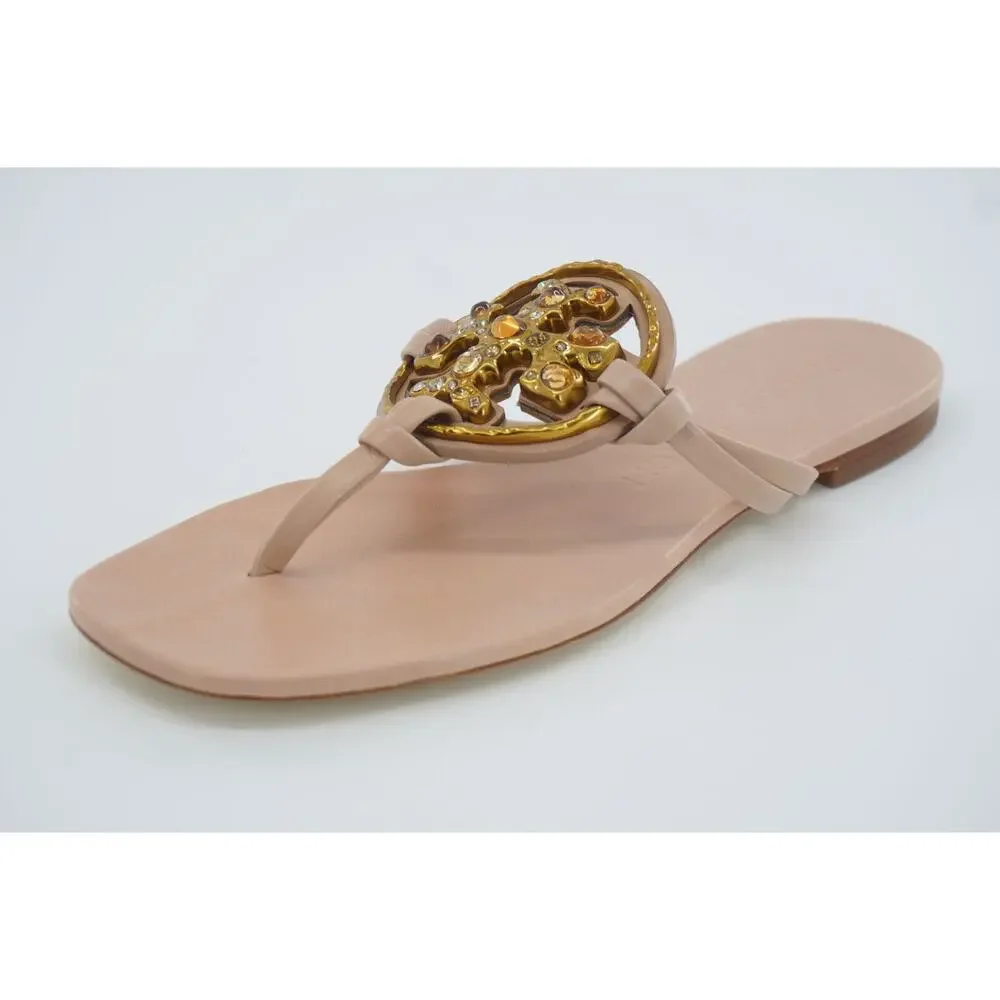 Tory Burch Jeweled Miller Leather Thong Sandal SZ 7 Logo Meadowsweet $298 New